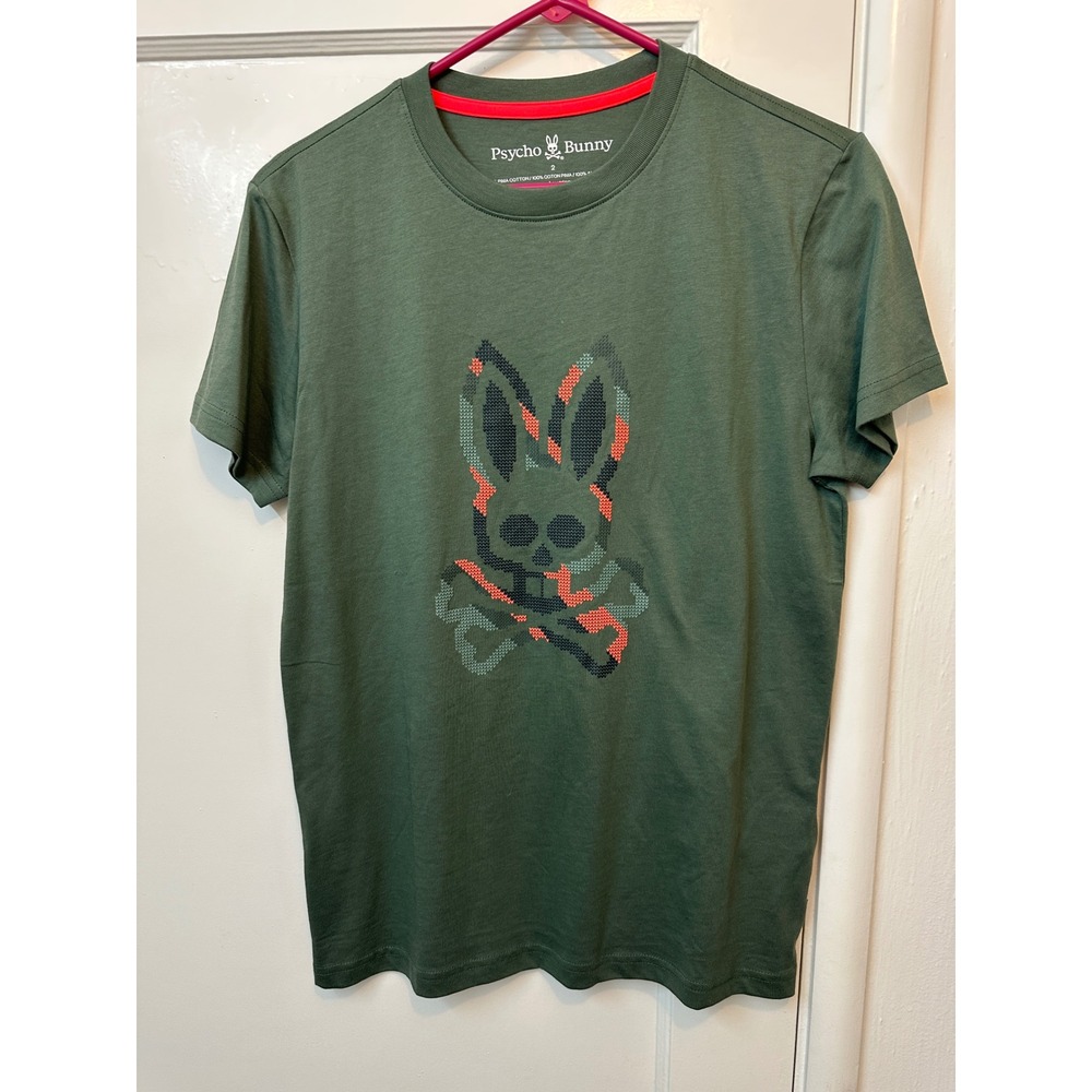 Psycho Bunny Mens Pima Cotton Graphic T-Shirt Olive Green Sz 2 XXS  Logo Tee
